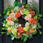 Spring Wreaths for Front Door Outside 24 Inch Luxury Summer Wreath with White Rose Flowers,Pink Dahlia & Green Hydrangeas,Lush Greenery Spring Front Door Wreath for Home,Wall,Porch Decor
