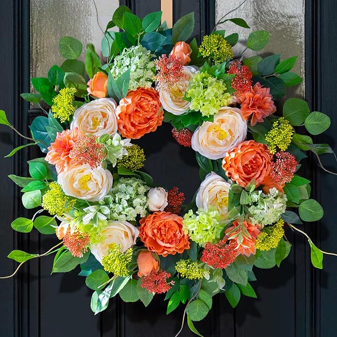 Spring Wreaths for Front Door Outside 24 Inch Luxury Summer Wreath with White Rose Flowers,Pink Dahlia & Green Hydrangeas,Lush Greenery Spring Front Door Wreath for Home,Wall,Porch Decor