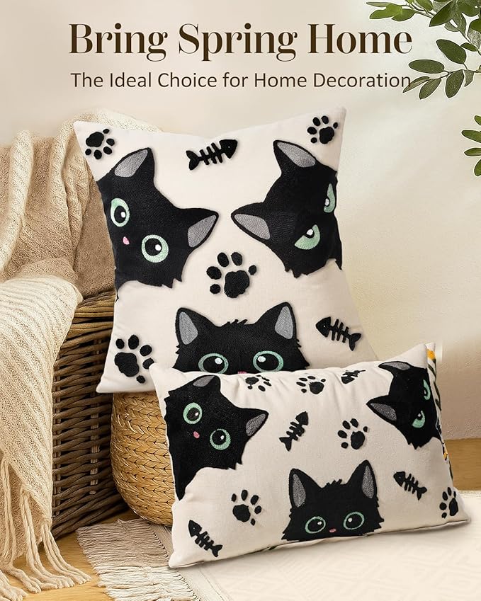 Embroidered Throw Pillow Cover 20x20 Inch - Spring Summer Boho Decorative Pillow Cover with Zipper for Living Room Couch Sofa Bed Aesthetic Design Cat Bone Cushion Pillowcase