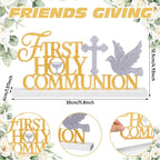 Teenyyou First Holy Communion Sign 1st Communion Decoration Baptism Centerpiece for Table God Bless Gift Metal Word Sign with Wooden Base for Baptism Shower Party Tabletop Desk Decor