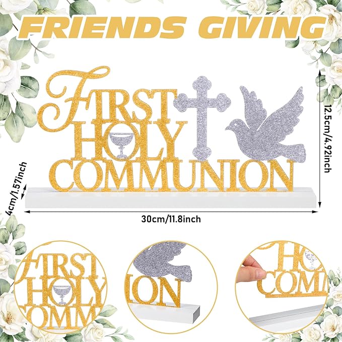 Teenyyou First Holy Communion Sign 1st Communion Decoration Baptism Centerpiece for Table God Bless Gift Metal Word Sign with Wooden Base for Baptism Shower Party Tabletop Desk Decor