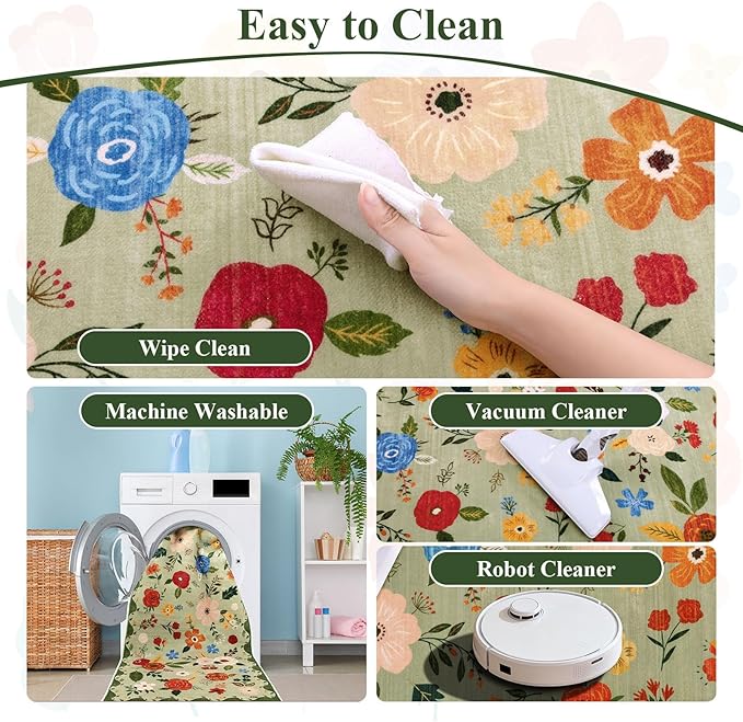 U'Artlines Indoor Door Mat Entrance Rug 2'x3'Soft Non Slip Machine Washable Floral Small Area Rug Carpet for Entryway Kitchen Bathroom Bedroom Green