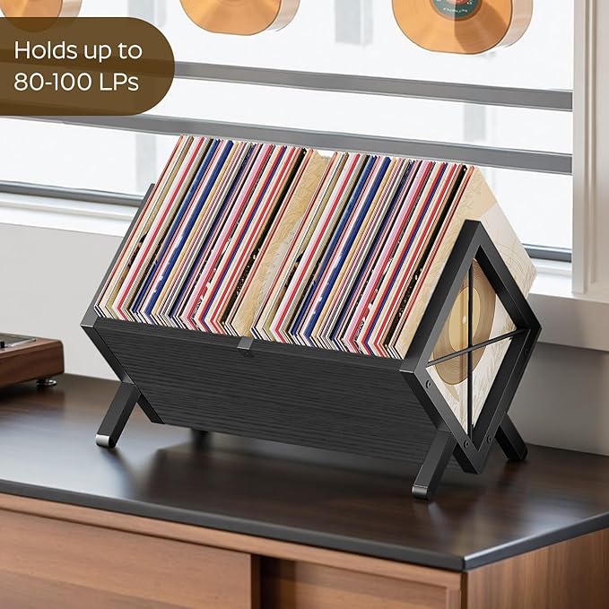 YATINEY Vinyl Record Holder, Record Storage Rack Holds 80-100 LP，Wooden and Metal Record Organizer, Quick Assembly Magazine Holder Vinyl Record Display Stand for CDs, Magazine, Albums, Black CJ06BB