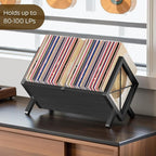 YATINEY Vinyl Record Holder, Record Storage Rack Holds 80-100 LP，Wooden and Metal Record Organizer, Quick Assembly Magazine Holder Vinyl Record Display Stand for CDs, Magazine, Albums, Black CJ06BB