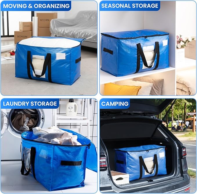TAILI Extra Large Moving Bags, 8 Pack Blue Heavy Duty Totes For Storage with Visible Window, Wrap Around Handles, Storage Bags for Space Saving, Alternative to Moving Boxes