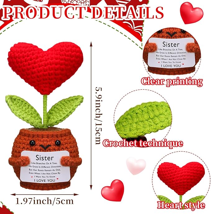 Wavwavw Sister Gifts Handmade Crochet Doll with Card Crochet Present for Sisters Sis Big Little Sister Birthday Wedding Home Decor(Heart)