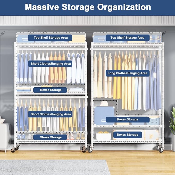 P8C Pro Heavy Duty Clothes Rack（With Extended Width Design） Rolling Clothing Racks for Hanging Clothes with Lockable Wheels，42" W x 15.8" D x 80.5" H，Load 700LBS，White Rack with White Cover