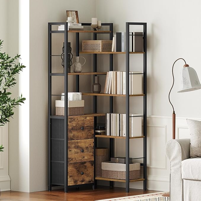 YATINEY Corner Bookshelf, 7 Tier L-Shaped Bookcase with 3 Drawers, Storage Corner Shelf, Freestanding Tall Display Shelf, Industrial Style, for Living Room, Home Office, Rustic Brown and Black SJ10BR