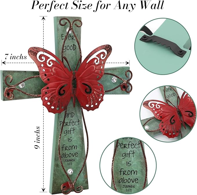 INHAI Handcrafted Christian Wall Cross 9x7,James 1:17 Verse on Wood with Antiqued Metal,Mother's Day Inspirational Home Decor Gift(Red)