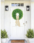 Vlorart 20 Inch Faux Round Boxwood Wreath, Weatherproof Wreaths for Front Door, Artificial Spring Summer Greenery Wreath with Sash for Farmhouse Wedding Year Round Indoor and Outdoor