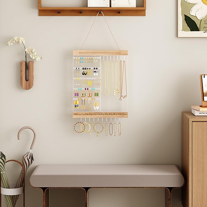 Hanging Jewelry Organizer and Storage, 5-Tier White Earring Necklace Holder Jewelry Display Organizer Stand Rack, Wall Mounted for Earrings Necklaces Bracelets and Rings, White