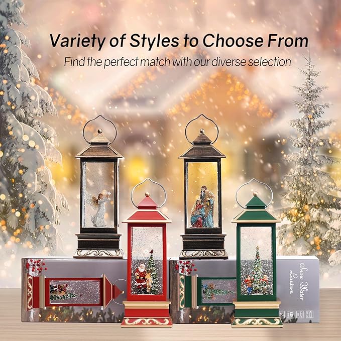 12" Christmas Snow Globe Lantern with Nativity - Water Swirling Glitter LED Light Lantern with Music - Vintage Xmas Gifts - USB Plug or Battery Operated Home Decor (Religious)