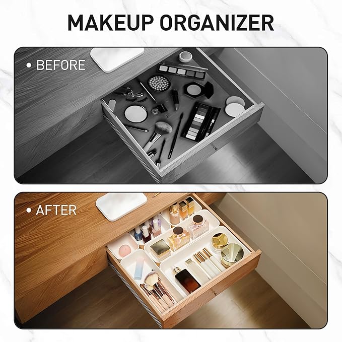ISSEVE 8Pcs Nesting Silicone Drawer Organizer Trays, 4 Size Versatile Vanity Bathroom & Desk Drawer Organizer Set Storage Bins for Office,Kitchen,Nightstand,White