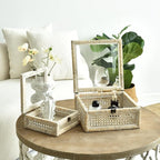 DECOR4SEASON Rattan and Cane Square Stacking Boxes with Glass Top Lid - Set of 2 for Boho, and Rustic Farmhouse Décor, White Wash