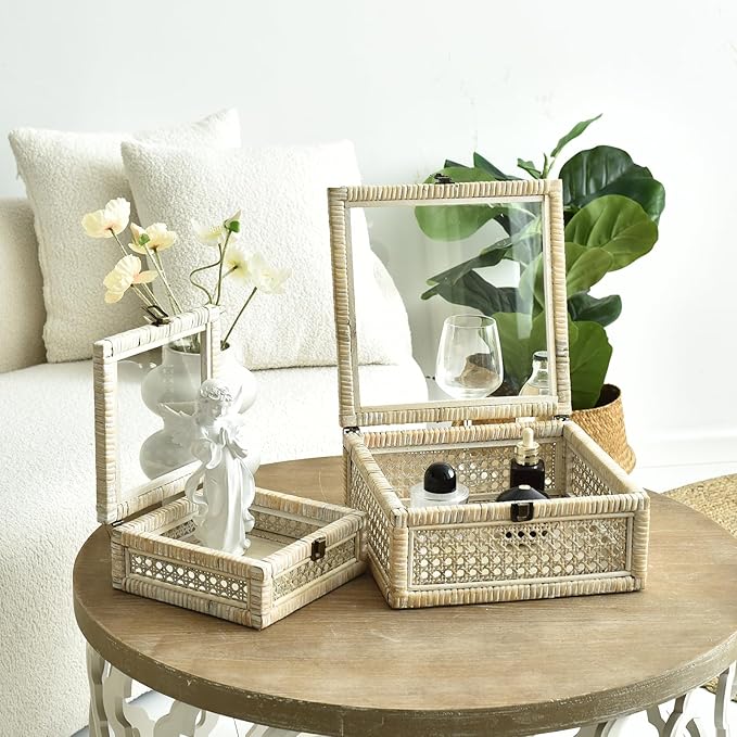DECOR4SEASON Rattan and Cane Square Stacking Boxes with Glass Top Lid - Set of 2 for Boho, and Rustic Farmhouse Décor, White Wash