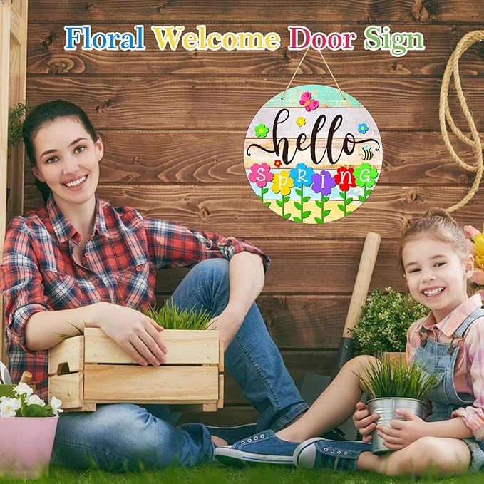 PETCEE Hello Spring Door Sign - 11.5" Colorful Flowers Spring Sign for Front Door Welcome Spring Decoration Wreath Farmhouse Welcome Spring Hanging Sign for Home Door Wall Porch Indoor Outdoor Decor