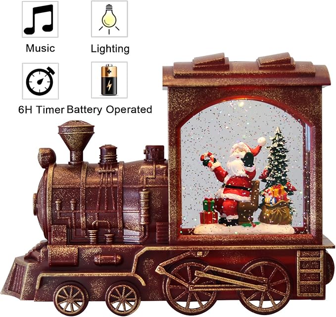 Musical Christmas Snow Globe Lantern Battery Operated with 6 Hour Timer Spinning Water Red Train Singing Lighted Snow Globe Lamp Holiday Decoration Gift(Santa, 10.6 x 4.3 x 8.3 Inches)