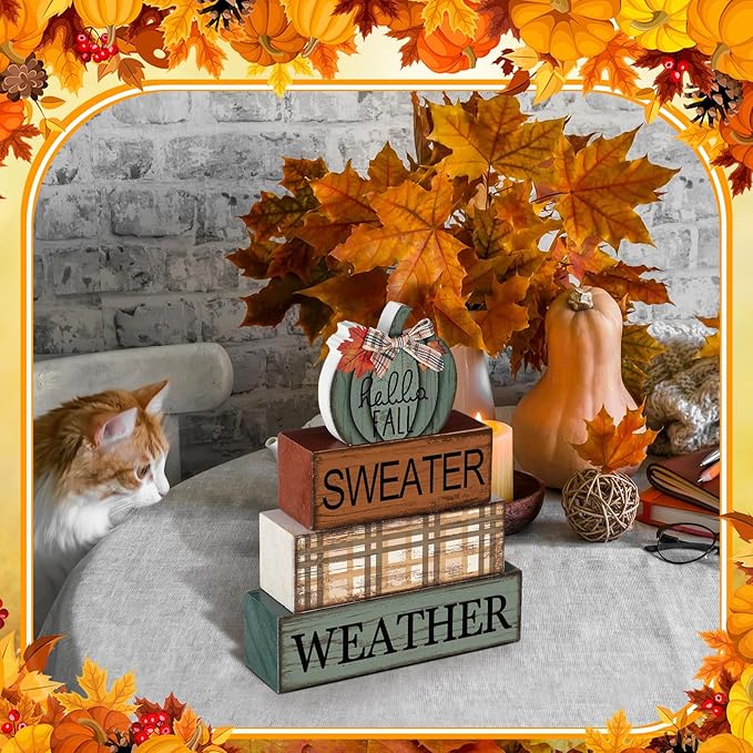 Moucuny 4 Pcs Thanksgiving Pumpkin Decor Fall Decorations for Home Thanksgiving Table Centerpiece Pumpkin Tiered Tray Decor Rustic Decorative Block Signs Farmhouse for Harvest Party Table Kitchen Home