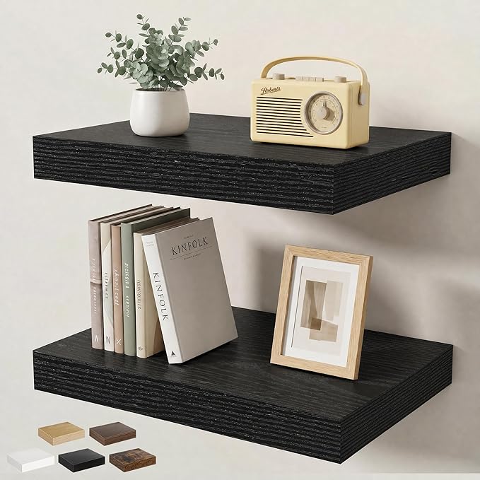Floating Shelves for Wall 16 in x 9.3 in Deep, Wall Mounted Rustic Wood Shelf with Invisible Brackets for Storage & Display, Living Room Bedroom Bathroom, Black, 2 Pack