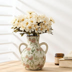 SIDUCAL Ceramic Vintage Pastoral Vase with Handles, 7 Inch Chinoiserie Floral Vase, Retro Ice Cracked Rustic Farmhouse Vases for Home Decor, Living Room, Bookshelf, Office, Tuscan Decor, Red Rose