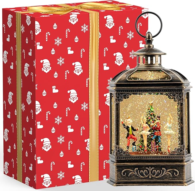 Christmas Snow Globe Lantern Water Glittering Nutcracker Ballet Stage with Music & Timer, USB Lined/Battery Operated Lighted Lantern for Christmas Festival Decoration Gifts