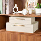 Decorative Box, Decorative Boxes with Lids 2-Set, Memory Box for Keepsakes, Beautiful PU Leather Decorative Storage Boxes in Style, Decor Box with Rose Metal Handle, Store Photos, Documents Beige