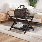 Smuxee Fully Assembled Luggage Rack for Guest Room, Upgraded Bamboo Foldable Suitcase Stand with 5 Nylon Straps, Luggage Holder with Shelf for Bedroom Hotel