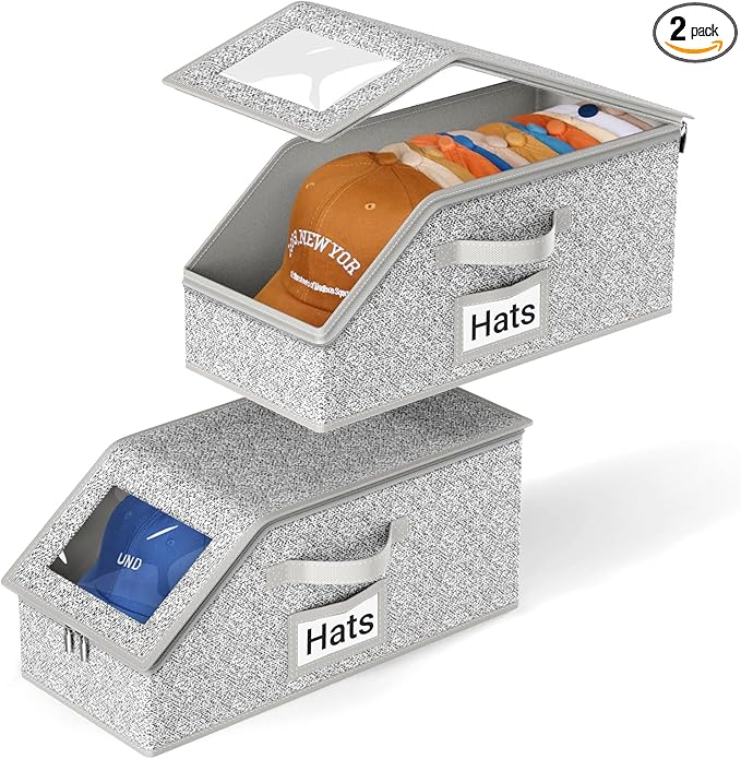 AOODA 2 PCS Stackable Hat Storage for Baseball Caps, Holds up to 24 Caps Hat Organizer for Closet, Sturdy Snapback Boxes for Men with Cardboard, Grey