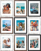 Vittanly 11x14 Picture Frames Set of 9, Display 8x10 Pictures with Mat or 11x14 without Mat, Photo Frames for Wall or Tabletop with Plexiglass, Engineered Wood, Black&Brown&Distressed White