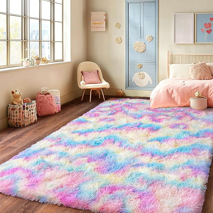 Rainbow Rug for Living Room, 8x10 Area Rug for Cute Girls Room, Bedside Indoor Floor Fluffy Shag Carpet, Plush Soft Rug for Bedroom Nursery Dorm Home Decor