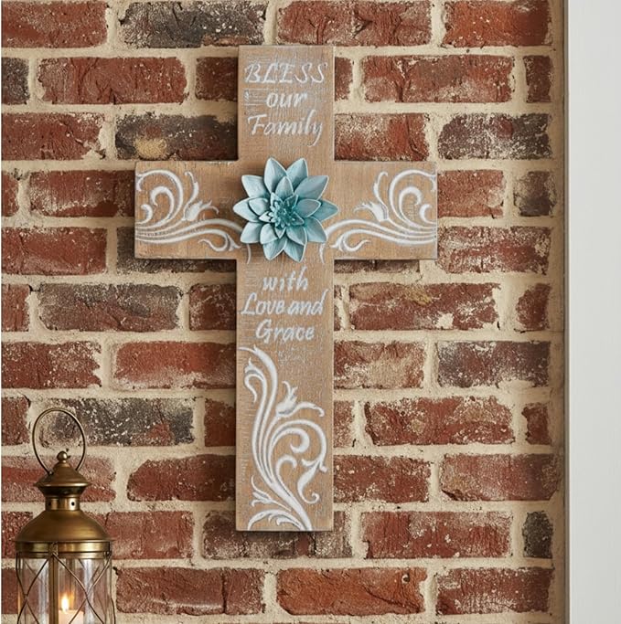 TRENDIN Rustic Cross Decor for Wall, Wooden Decorative Wall Cross with Metal Flowers, Bless Our Family Christian Home Decor, Farmhouse Hanging Art for Living Room, Entryway, Bedroom