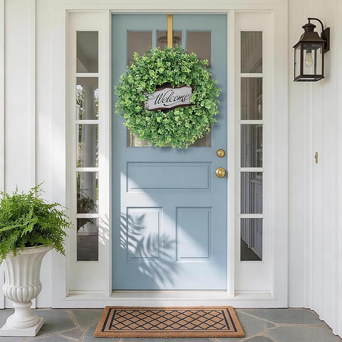 26" Artificial Eucalyptus Wreath with Welcome Sign for Front Door, Porch, Window - Large Faux Eucalyptus Greenery Outdoor Wreath for Home, Farmhouse Decor - Spring, Summer, All Seasons (Green)