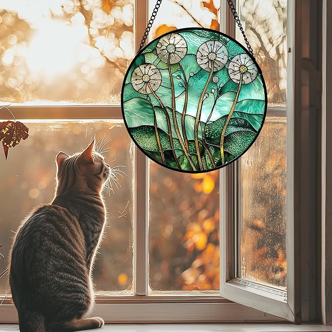 Stained Glass Window Hanging, Green Abstract Lotus Leaves Tree Sun Catcher for Window Door Home Decor Plant Suncatcher Christmas Mother's Day Birthday Gifts for Women Men Mom Nana 15 in