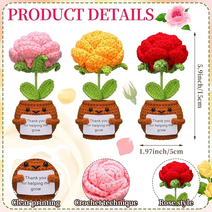 Wavwavw 3 Pack Teacher Appreciation Gift Positive Flower Handmade Crochet Doll Thank You for Helping Me Grow Gifts Back to School Gifts for Women Teacher(Rose Flower)