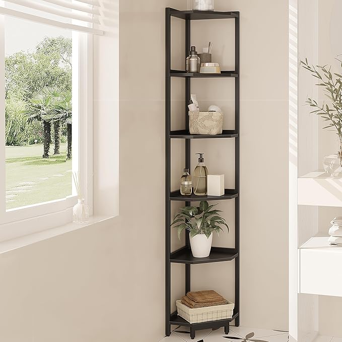 Hzuaneri Corner Shelf Stand, Corner Bookshelf, Storage Standing Shelf Unit with Metal Frame, Plant Stand, Bookcase for Living Room, Home Office, Bedroom, 6-Tier Black CS06006B
