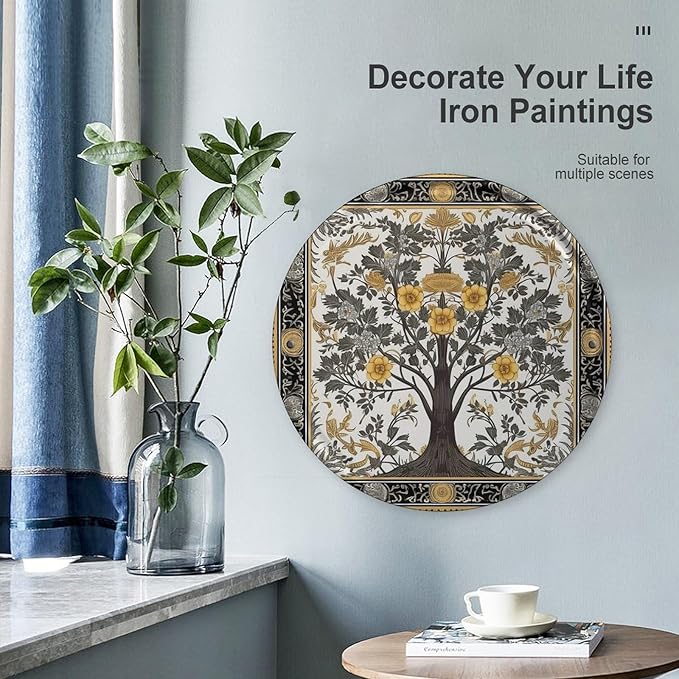 Wall Picture, with Tree Pattern Printed Circular Iron Hanging Picture,Wall Art Decor,Home for Bedroom Living Room Bathroom Decor,Iron Painting 11.8X11.8 in