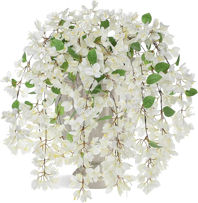 33.5" Bougainvillea Artificial Flowers Fake White Flowers, UV Resistant Long Sprays Artificial Bougainvillea Flowers for Indoor & Outdoor Decor, 3PCS Faux Hanging Flower for Home Room Wedding Porch