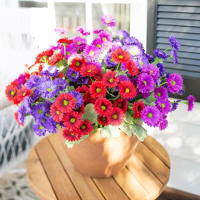 HyeFlora Artificial Flowers for Outdoors Fake Plants Spring Outside Decoration, 6 Bundles Dahlia Silk Daisy Realistic UV Resistant Faux Flowers for Outdoor Planter Balcony Porch Yard Garden Home, Mix