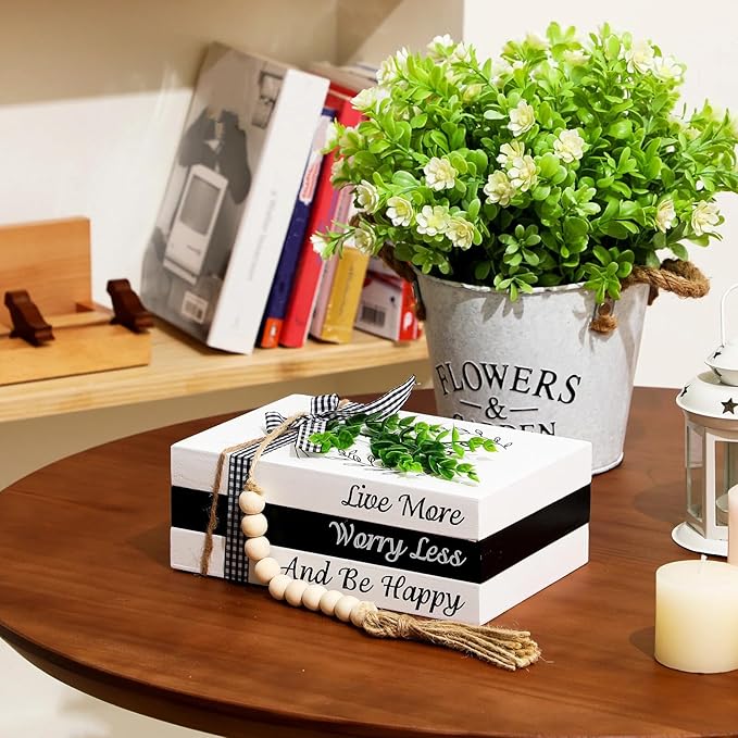 Capoda 3 Pcs Decorative Books for Home Decor Farmhouse Faux Stacked Books Wooden Rustic Table Decor with Bead Garland Twine Ribbon Faux Leaf for Table (Smile)