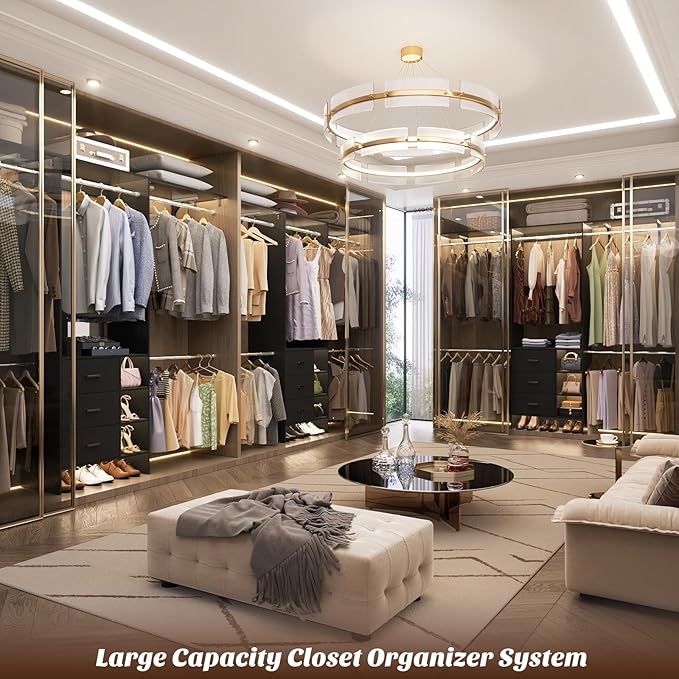 Aheaplus Closet System, Closet Organizer with 3 Wooden Drawers, 8FT Closet Organizer System, 96’’ Walk-in Closet Wardrobe Clothes Rack with Hanging Rods, Adjustable Garment Rack, Fits 5.3-9 ft, Black