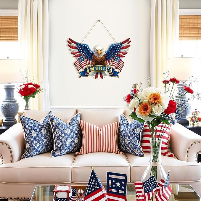 Wooden 4th of July Decoration Door Wreath for Front Door Sign America Eagle Wall Signs,250 Anniversary Independence Day Patriotic Day Wreath Welcome Memorial Day Hanging for Home Party Outdoor Indoor