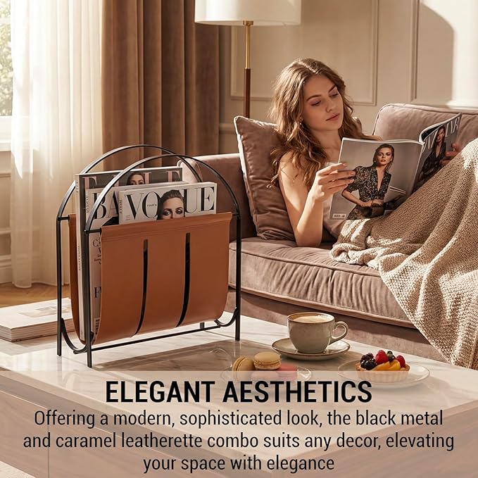MyGift Black Metal and Caramel Brown Leatherette Magazine Rack – Tabletop or Floor Standing Sling Basket for Magazines, Newspapers, and Books