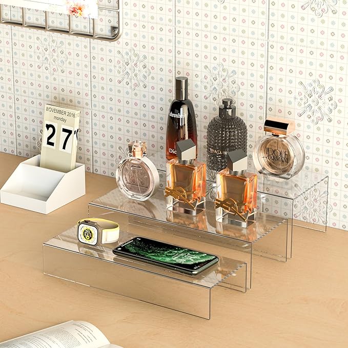 Sezanrpt Clear Riser Display Shelf 3pcs, Desktop Rectangular Acrylic Display Shelves Storage Organizer, Acrylic Stands for Funko Pop Figure, Bags, Shoes, Spice Jars, Skincare, Cosmetics - 12-2'', 3'',