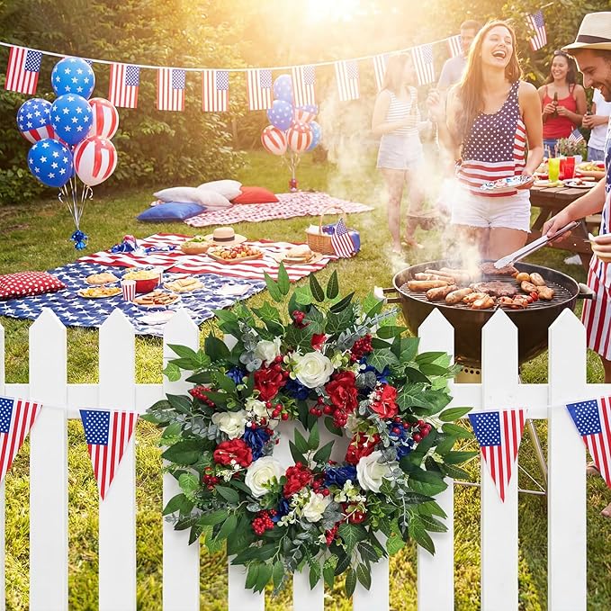 24 Inch 4th of July Wreath, Patriotic Wreaths for Front Door, Red White Blue Spring Summer Door Wreaths for Independence Day,Memorial Day Wreaths for Front Door Wall Window Decor