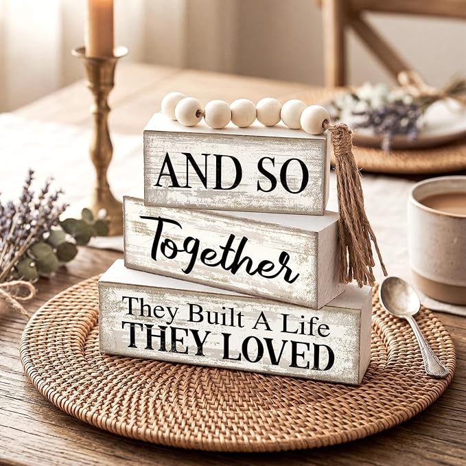4 Pcs Farmhouse Home Decoration Wooden Tabletop and So Together They Built a Life They Loved Decor Motivational Tiered Tray Decor Rustic Block Sign Retro Bead Garland Table Centerpiece for Shelf Desk