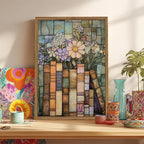 YYNISPIN Vintage Book Wildflower Wall Art Moody Stained Glass Book Lover Wall Decor Painting, Whimsical Reading Nook Library Poster Canvas Prints for Cottage Bedroom Living Room 12x16 inch Frame