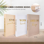 Set of 3 Linen Covered Decorative Books for Home Office Decor-Gold Foil Stamping Decor Books,Motivational Office Decor for Women Men Neutral Book Decor for Coffee Tables and Book Shelf