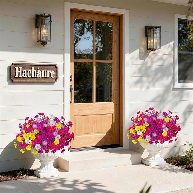 INQCMY Artificial Fake Flowers for Outdoor Spring Decoration,12 Bundles Faux Silk Colorful Morning Glory with Eucalyptus UV Resistant Realistic Fake Plants for Outside Planter Porch Patio Yard Garden