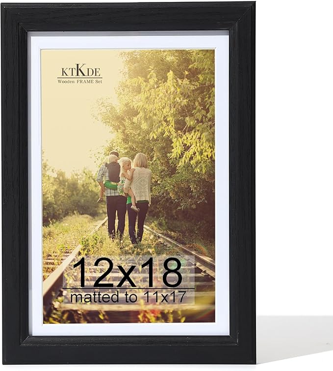 KTKDE 12x18 Wooden Picture Frame,Display Pictures 11x17 with Mat or 12x18 Without, Tempered Glass, 18 by 12 Black Frame Wall Gallery Photo Frames Poster Frame best gift