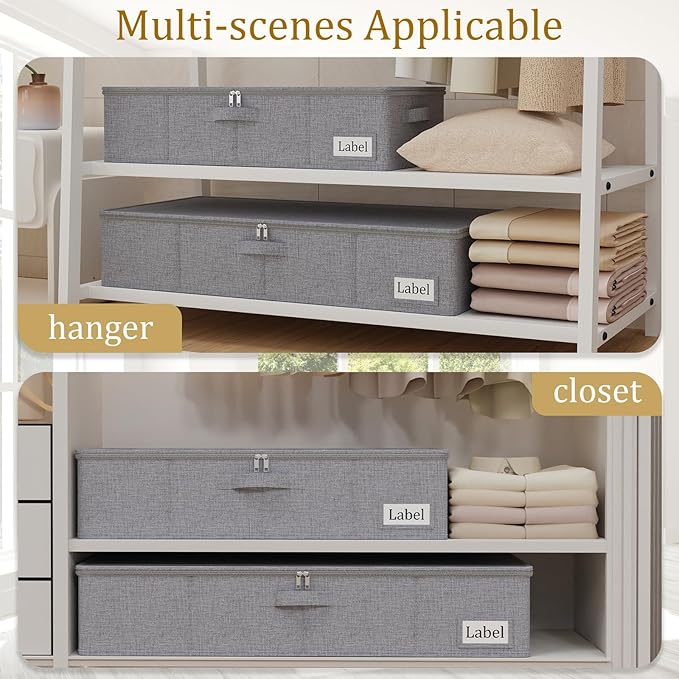 Yawinhe Underbed Bags, Storage Containers Bags with Lid, Foldable Blanket Bins, with Sturdy Zipper und Label Holders, for Clothing, 23.6''Lx11.8''Wx6''H, 4 Pack, Grey